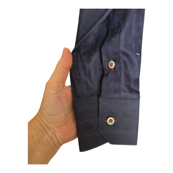 7 Downie St Dark Blue Button-Down Shirt With Subtle Paisley Pattern Size L - Picture 4 of 9